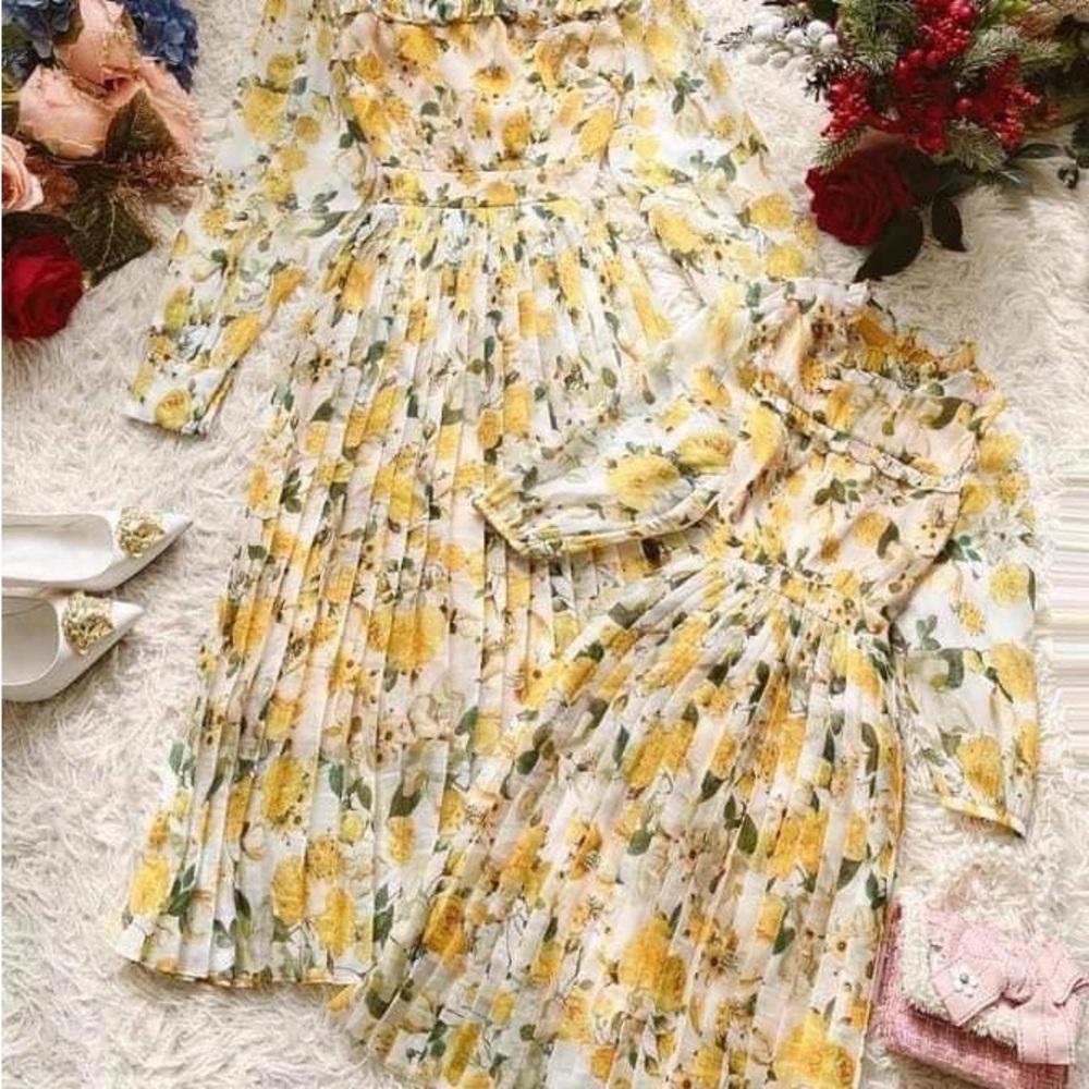 Elegant Floral Midi Dress in Yellow and Green